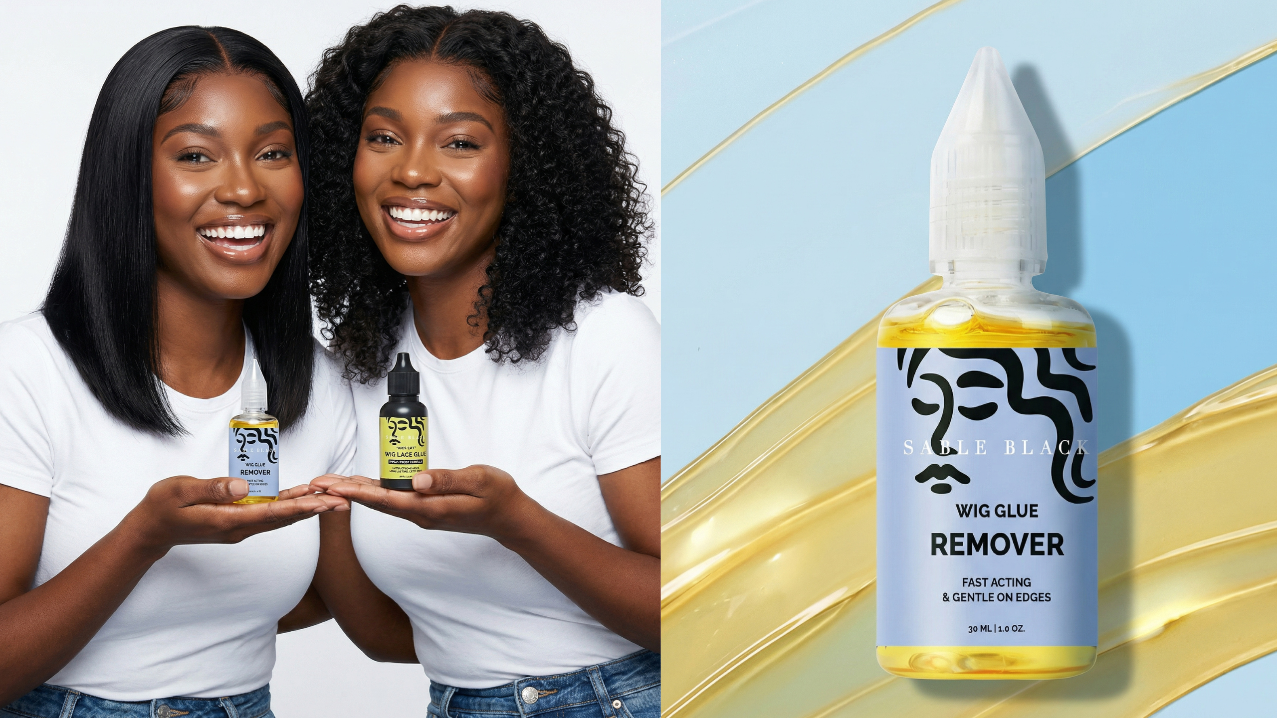 Two women holding a bottle of wig glue remover with a close-up of the product on a blue and yellow background.